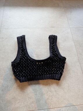 Diotina Black Beaded Knit Crop Tank Top